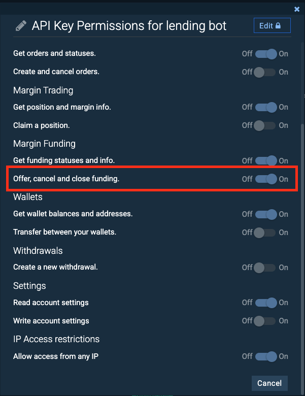 API key permission scopes page, red box around 'Offer, cancel and close funding'